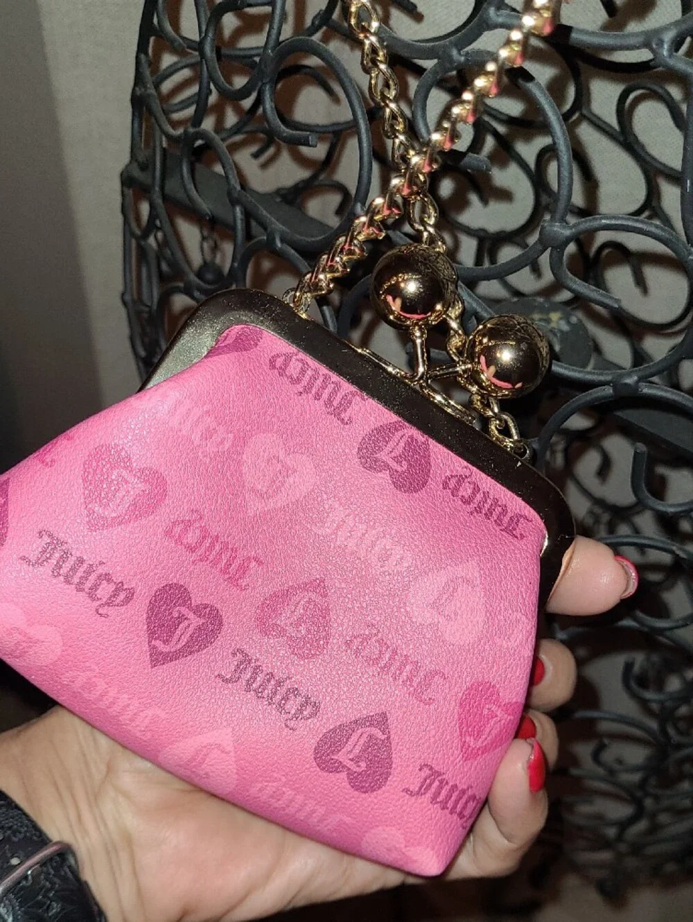 Juicy Couture Pink Logo Heart Kiss-Lock Mini Bag with Gold Chain